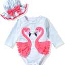 Newborn Infant Baby Girls Long Sleeve Swimsuit with Hat (3-6 Months, Flamingo)