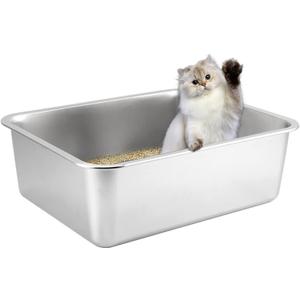 Cat Litter Box Stainless Steel Large Metal High Sided Rustproof Easy to Clean Stainless Steel Litter Box for Cats Rabbits (19.5" L x 13.6 W x 5.9" H)