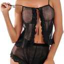 Kolagri Sexy Women Lace Pajamas Lingerie Set High Waist Sheer Sleepwear Bow Ties Cami Shorts Set, Size S