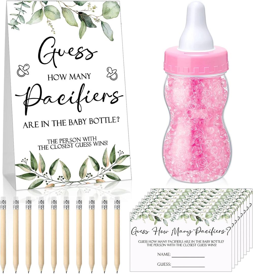 Roowest 512 Pcs Baby Shower Games Guess How Many Pacifiers Sign 100 Small Guessing Games 10 HB Pencils 750ml Milk Bottle 400 Acrylic Pacifiers Decoration for Guest Gender Reveal(Pink,Plant)