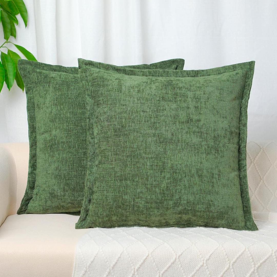 Pack of 2, Chenille Throw Pillow Covers 18x18 Inch Moss Green Decorative Pillowcase Boho Farmhouse Cushion Covers Soft Couch Cushion Case for Couch Sofa Bedroom Living Room