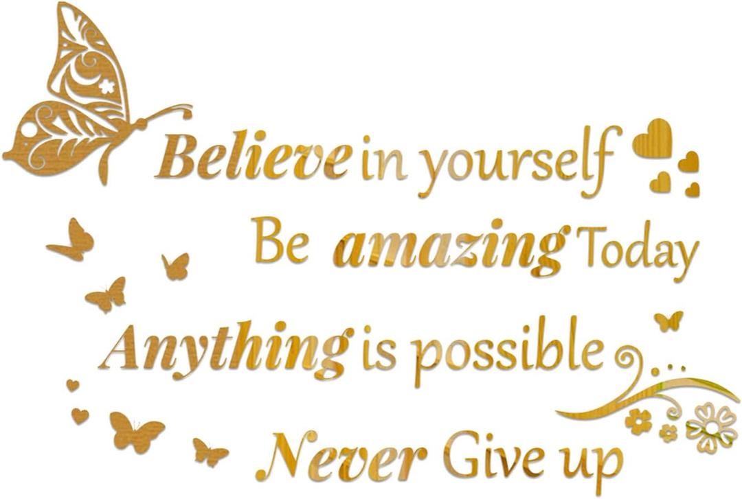 Large Positive Quotes Mirror Wall Stickers Decor, Inspirational Wall Decals Peel and Stick, Motivational Words of Affirmation Wall Art for Family Mirrors Hallway Office, Gold