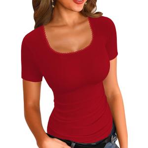 LOLONG Womens Short Sleeve Ribbed T Shirts Summer Casual Square Neck Lace Patchwork Tops (Red, S)