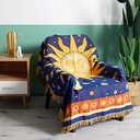 Sun And Moon Stars Hippie Throw Blanket Celestial Tapestry Double-sided Reversible Woven Cotton Home Decor Bedding Chair Couch Recliner Cover Loveseat Rug Oversized Tassels Blue Yellow (71x51)