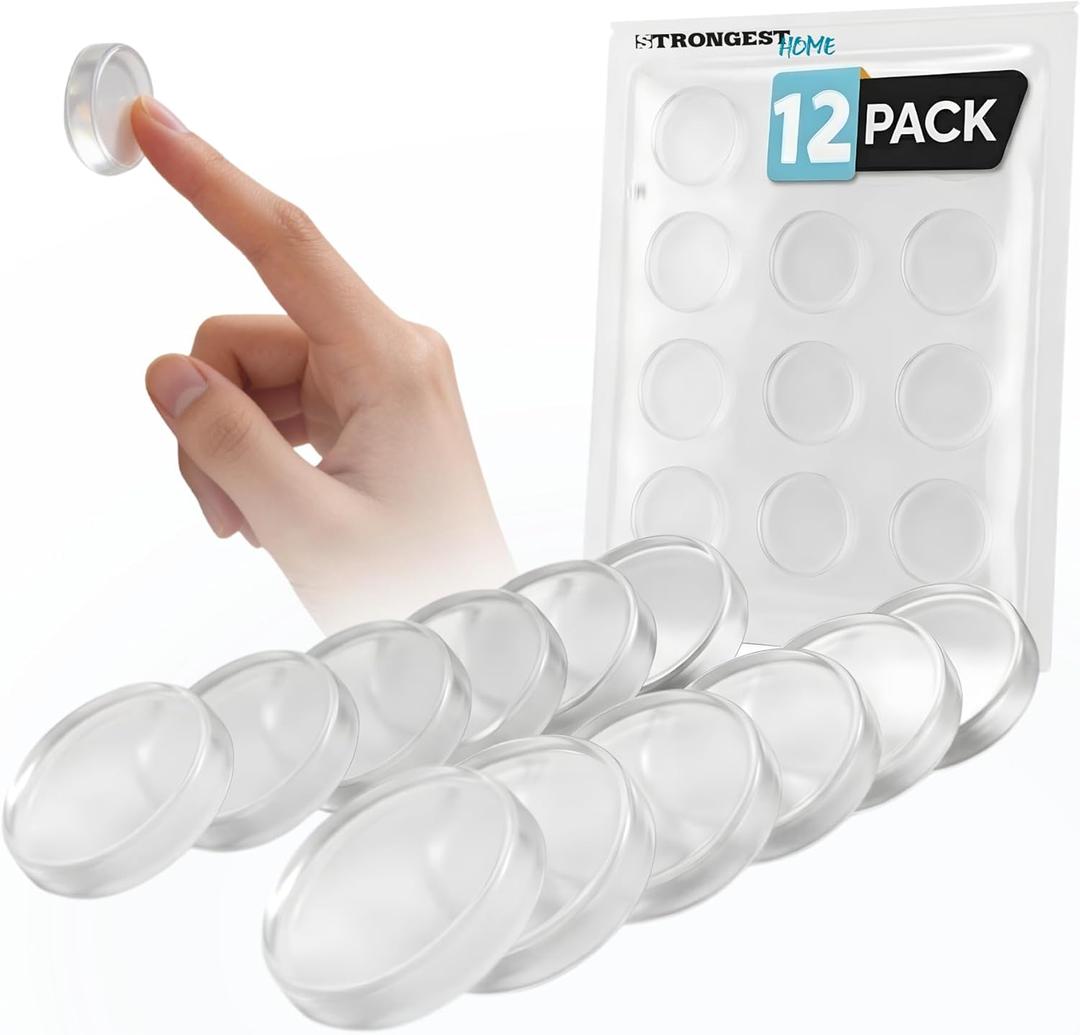 Strongest Wall Door Handle Stopper Set. 12 Pieces of Clear Rubber Door Knob, Round Wall Shield Cushion. Quiet Wall Protector for Door Handle. Guard Door Bumper Wall Protector Silencer - Self Adhesive