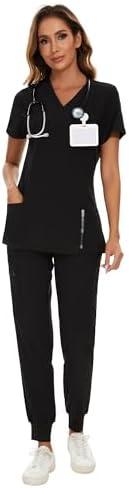 COZYFIT Scrubs for Women Set - Stretch V-Neck Scrub Top & Jogger Pant with 8 Pockets, M 