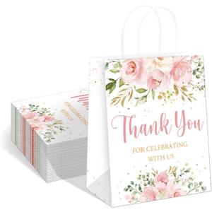 QIELSER 30 pcs Welcome Bags for Wedding Guests Bulk Floral Design Thank You for Celebrating with Us Gift Bags with Handles for Wedding Birthday Party Baby Shower Favors Supplies (Pink Rose)