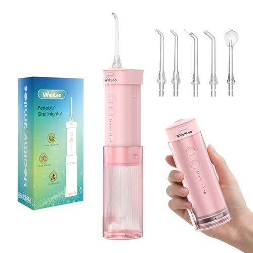 WellLeo Mini Water Flosser for Teeth,Travel Dental Flosser Picks, Portable Oral Irrigator with Telescopic Water Tank, 5 Modes IPX7 Waterproof Tooth Flosser for Brace, Sensitive Teeth, with Storage Bag