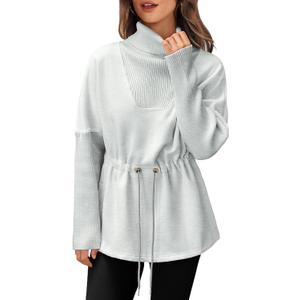Fisoew Women's Turtleneck Sweatshirts Fleece Drawstring Waist Casual Long Sleeve Pullover Sweater Side Slit Tunic Tops (Grey)
