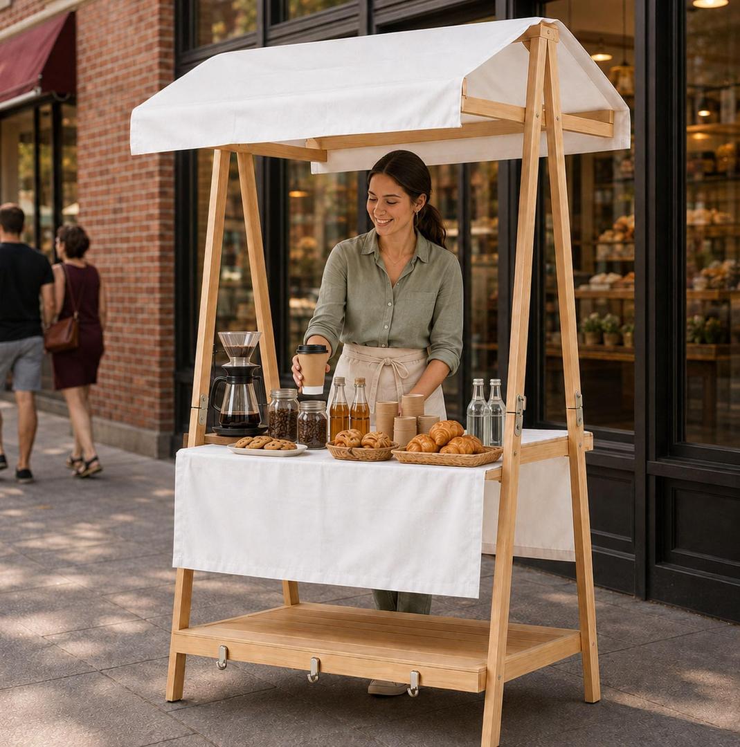 FEFZSFER Portable Farmers Market Stand, Collapsible Wooden Vendor Booth with Canopy, Outdoor Display Stand for Craft Shows, Flea Markets, Pop Up Events, Farm Stands (White, 54x23.6x74.8in)