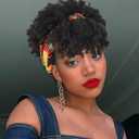 Aisaide Headband Wrap Wigs for Black Women,Synthetic Short Afro Kinky Curly Black Wig with Bangs 2 in 1 Afro Headwrap Wig with Headband Attached Dark Brown High Puff Ponytail (Colourful Turban-2#)