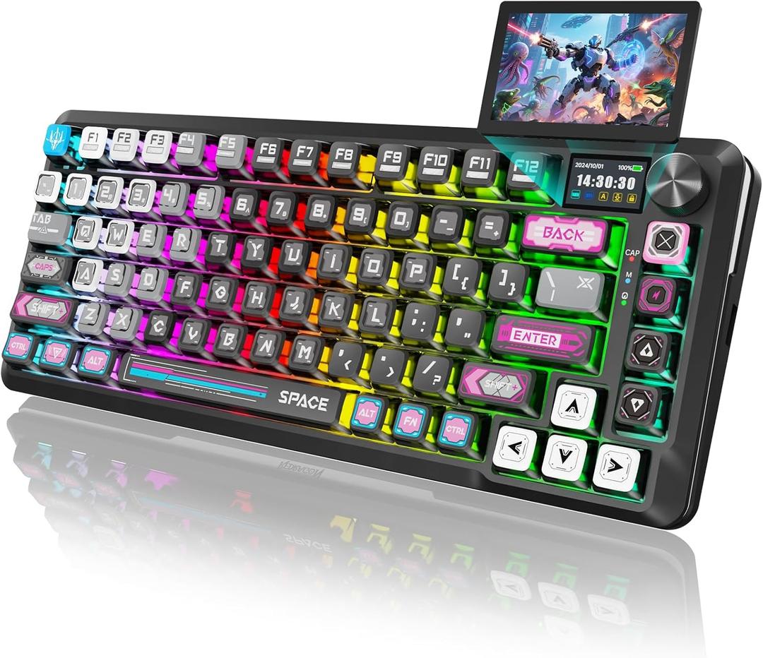 Redragon Wireless Mechanical Gaming Keyboard - Gasket-Mounted RGB Backlit, Custom Keys, 3-Mode(Bluetooth/2.4G/USB), Hot-Swap Pre-Lubed Switches, Screen & Control Knob - Cyber Mecha Style, Plasma Arc