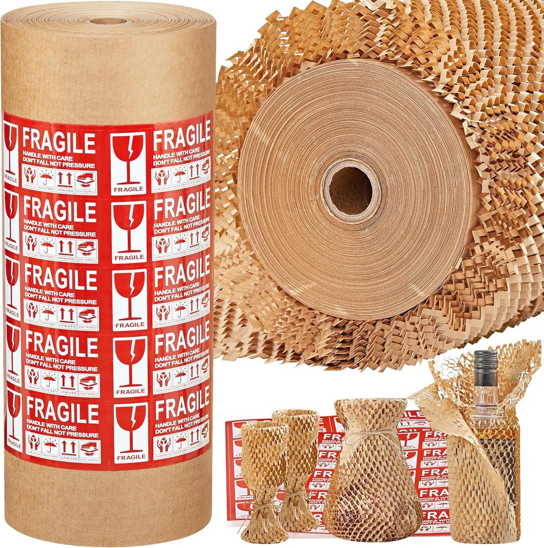 JARLINK Honeycomb Packing Paper, 15 * 400' Packing Wrap for Packing/Shipping/Moving, Recyclable Honeycomb Cushioning Wrap Roll, Moving & Gifts Wrapping Paper With 30 Fragile Sticker Labels