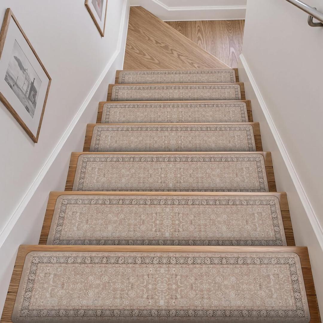OJIA Vintage Stair Treads for Wooden Steps Indoor 15PCS 30"x8" Non-Slip Stair Runner Carpet Stair Treads Mats Staircase Step Treads for Kids, Elders and Dogs, Rubber Step Covers (Natural Beige)