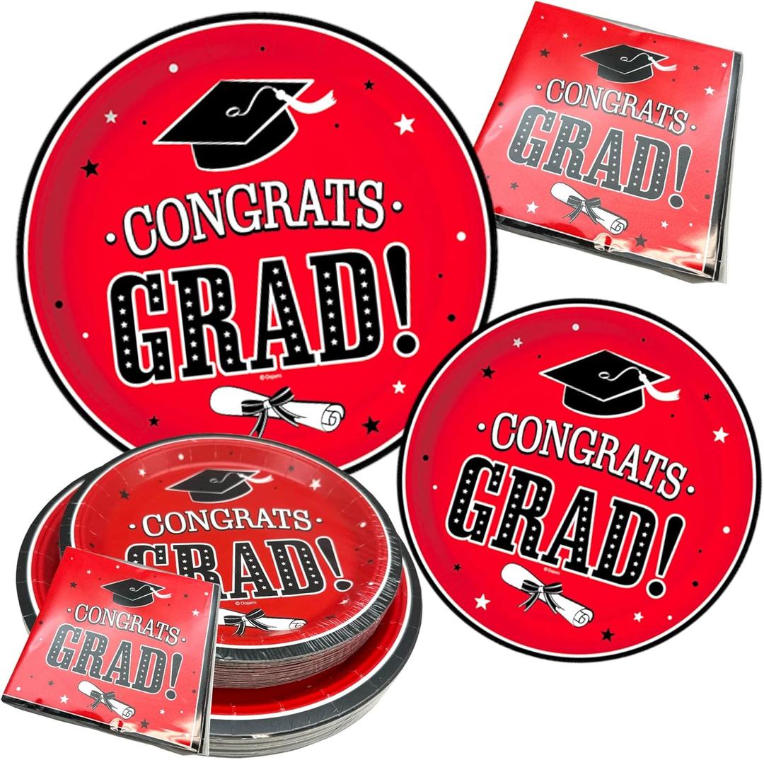 75 pcs Graduation Plates Includes 25 Dinner Plates 25 Dessert Plates and 25 Napkins Graduation party supplies class of 2025 dinnerware decoration (Red -75 Pack)