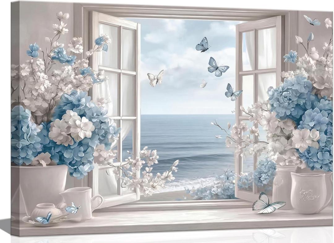 Birnsen Coastal Bathroom Flower Canvas Wall Art Blue Hydrangea Fake Window Painting Picture Wall Decor Sea View Butterfly Aesthetic Poster Print for Living Room Bedroom Bathroom Home Decoration
