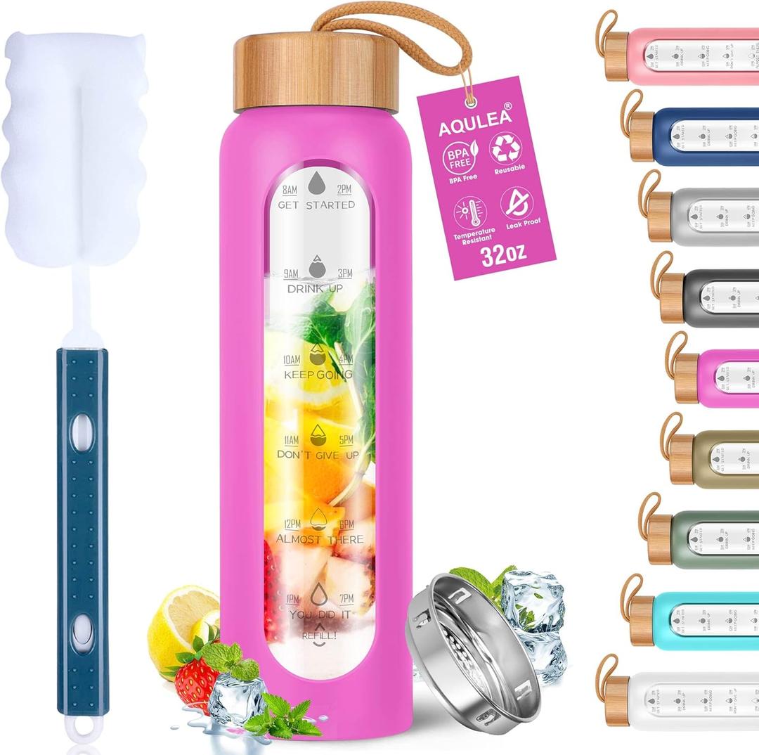 Aqulea Glass Water Bottles 32 Oz with Silicone Sleeve - BPA Free Reusable Wide Mouth Glass Motivational Water Bottles with Fruit Infuser Leak Proof Borosilicate Water Bottle with Time Marker (Rose)