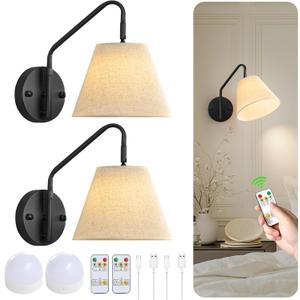 Black Wireless Wall Sconces Set of Two, Swing Arm Battery Wall Sconce, Battery Operated Wall Sconce with Remote, Battery Sconces with Linen Lampshade, Rechargeable Wall Lights for Living Room