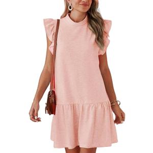 Womens Ruffle Sleeve Mini Dress Summer Casual Crewneck Flowy A Line Short Babydoll Dress with Tiered, XS