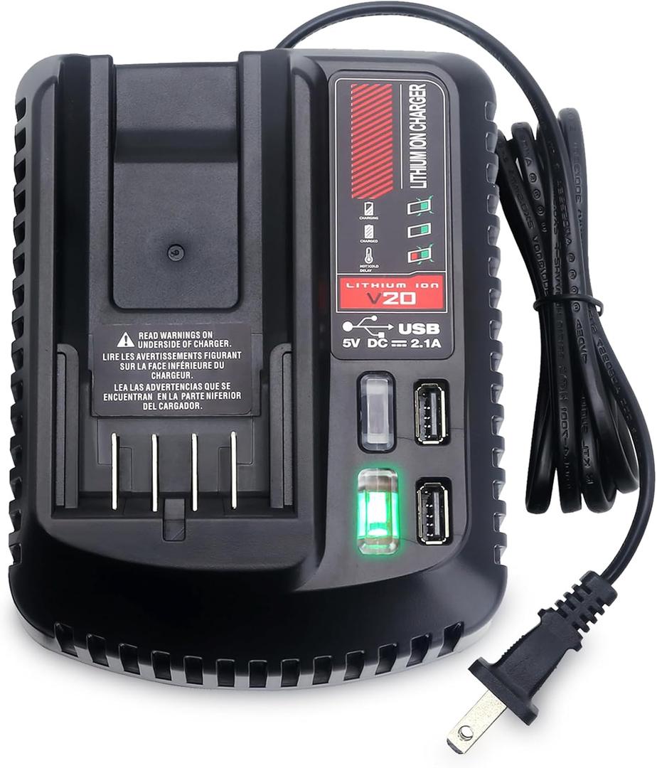 V20 Battery Fast Charger Compatible with Craftsman V20 Series 20V Lithium Battery CMCB202 CMCB204 CMCB203 CMCB206, Replacement for 20 Volt Charger CMCB100 CMCB102 CMCB104 CMCB124, with 2 USB Ports