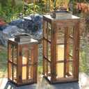 DECORKEY Large Farmhouse Wooden Metal Lantern Set of 2, 28''/20'' H Rustic Decorative Indoor & Outdoor Hanging Candle Lanterns, Wooden Outdoor Lanterns for Patio Front Porch Table, Dark Brown