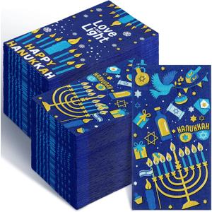 Geyoga 200 Pcs Hanukkah Guest Napkins Chanukah 2 Ply Disposable Paper Decorative Dinner Napkins Bathroom Hand Towel for Holiday Themed Party Supplies Hanukkah Decoration (Blue Gold)