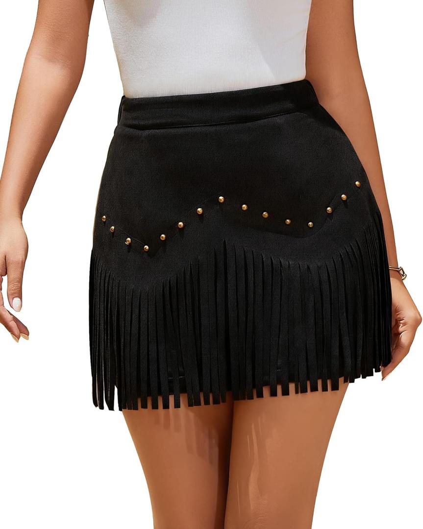 Women Suede Fringe Mini Skirt with Rivets High Waist Elastic Western Cowgirl Skirts with Zipper Country Concert Outfit (Small, Black)