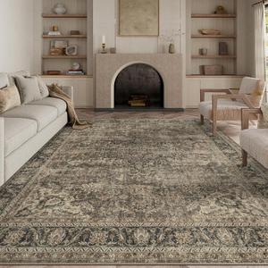 8x10 Washable Brown Vintage Area Rug for Living Room Bedroom Large Traditional Low Pile Soft Carpet Non-Slip Thin Retro Distressed Accent Throw Rug for Dining Room Office Kitchen Indoor