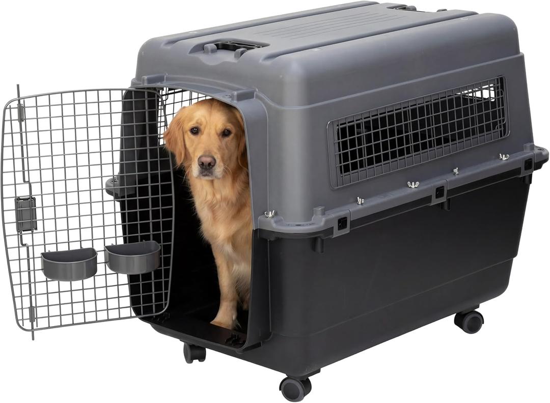 SportPet Airline Compliant X-LARGE 32.25" Travel Dog Kennel-Durable Plastic Airline Pet Carrier w/Removable Wheels & Food Bowls, Collapsible Indoor/Outdoor Dog Kennel, Dogs up to 32"L & 23"H-Dark Gray