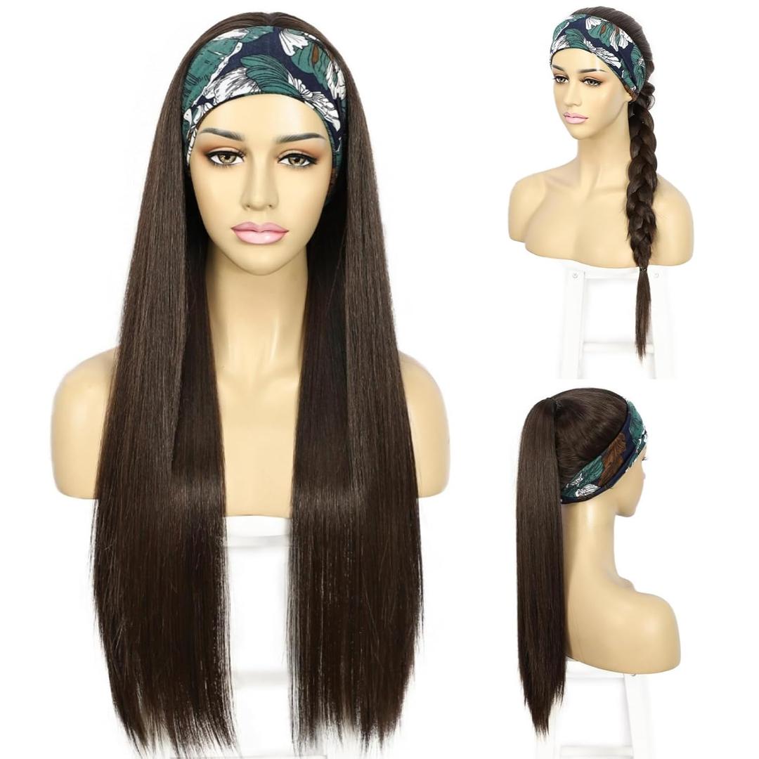SAPPHIREWIGS Straight Headband Wigs for Women Natural Brown Synthetic Headband Wig Glueless Heat Resistant Yaki Straight Wigs for Daily Party Use 26 Inch