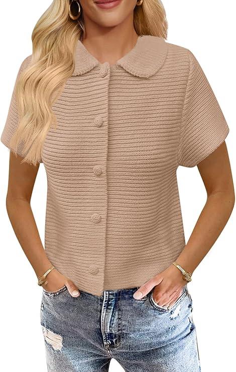 Saodimallsu Womens Short Sleeve Cropped Cardigans Casual Summer Button Down Collared Lightweight Loose Knit Sweater Top
 Size L