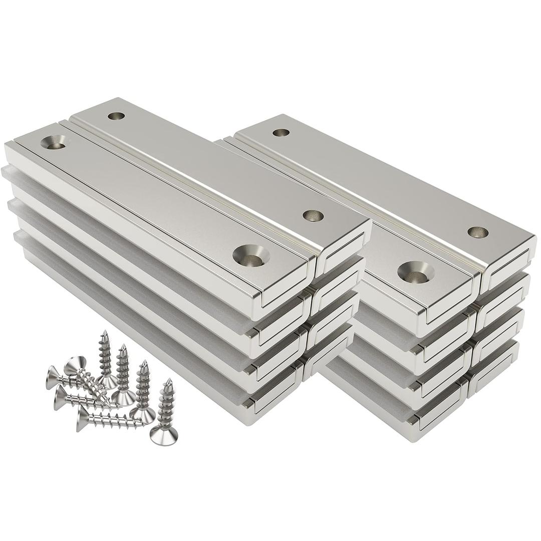 Magnetpro Neodymium Rectangular Magnets 70 LB Force 60 x 13.5 x 5 mm with Countersunk Hole and Steel Capsule, Strong Household and Industrial Rare Earth Magnet with Screws Pack of 16 (Bright Silver)