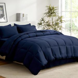 COZYART Queen Comforter Set 7 Pcs, Navy Blue Bed in a Bag, All Season Lightweight Soft Reversible Bedding Set, 1 Comforter, 1 Flat Sheet, 1 Fitted Sheet, 2 Pillow Shams, 2 Pillowcases