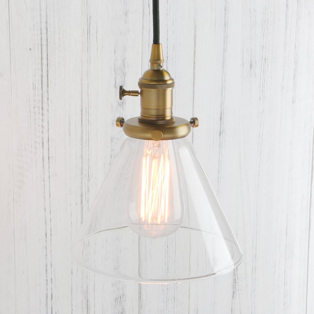 PERMO Pendant Light with Clear Glass Shade Industrial Hanging Light Adjustable Brass Vintage Pendant Light for Kitchen Island Hallway Porch Corridor Bedroom Dining Room Antique (Funnel)