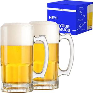 Glass Beer Mugs with Handle – 34 fl. oz. / 1L – Large & Heavy Beer Stein for Root Beer – Best Gift for Men Father Boyfriend Brother Dad – Set of 2