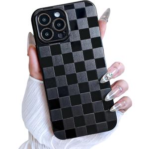 MINSCOSE for iPhone 13 Pro Max Case Aesthetic Checkered Plaid Checkerboard Design Pattern,Trendy Slim TPU Shockproof Protective Full Camera Protection Phone Cover-Black