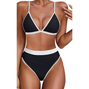 Aqua Eve Triangle High Waisted Bikini Set for Women Two Piece Bathing Suits Color Block Swimsuits (X-Large, Black White)