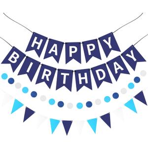 Blue Happy Birthday Banner, Happy Birthday Decorations Hanging Birthday Sign Circle Dot Triangle Bunting for Women Men Girl Boy Party Supplies