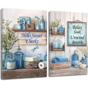 ZQQART Funny Bathroom Canvas Prints Wall Art Farmhouse Bathroom Relax Signs Pictures Decor Rustic Flower Painting Decor (Blue,12.00" x 16.00" x 2)
