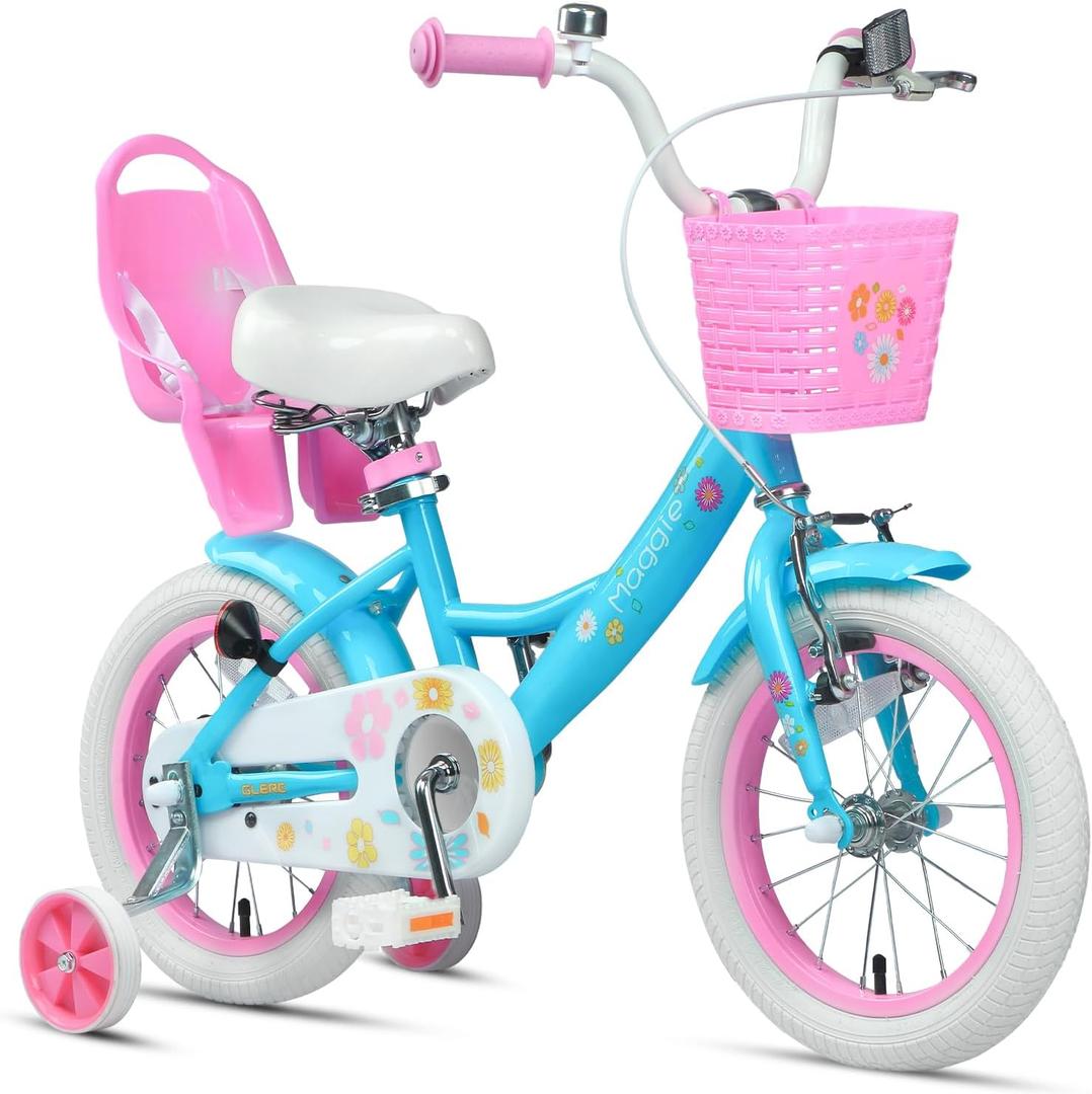 Glerc Maggie Girls Bike, 14 Inch Kids Bike for 2-13 Years Old Children, Princess Style Kids Bicycle with Doll-Seat & Basket & Training Wheels, Multiple Colors, 14 Inch