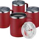 MEWAY 12oz Coffee Mug With Handle 4 Pack Bulk,Stainless Steel Insulated Travel Tumblers With Sliding Lid,Double Wall Vacuum Camping Cup for Hot & Cold Drinks Tea (Red,Set of 4)