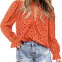 PRETTYGARDEN Women's Dressy Casual Blouse Tops Fall Spring Puff Long Sleeve Button V Neck Hollow Out Lace Embroidered Shirts (Orange, Small)