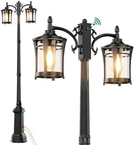 Lamomo Outdoor Lamp Post Lights with GFCI Outlet, New Dusk to Dawn Lamp Posts Outdoor Lighting, Waterproof Double-Head Light Fixture Outside, Aluminum Pole Scone for Street Garden Patio Pathway Black