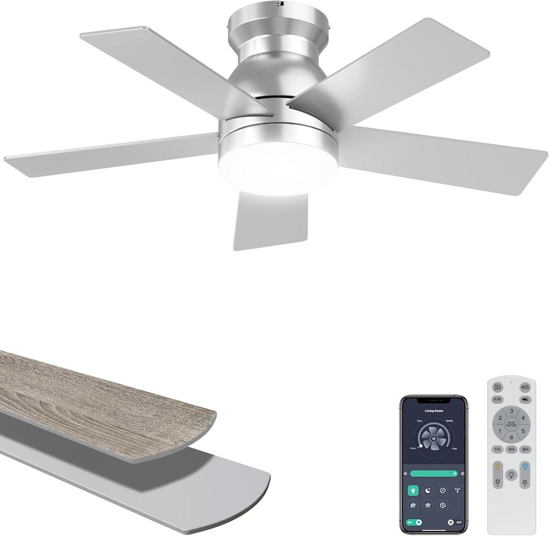 Ohniyou 32'' Silver Low Profile Ceiling Fan with Lights, Remote/APP Control