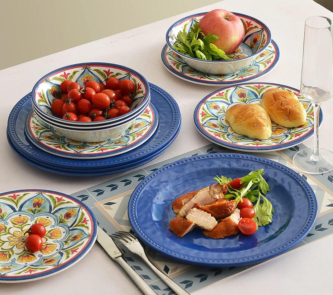 Melamine Dinnerware Sets, 12Pcs Durable Plates and Bowls for 4, Lightweight Dishes Dinnerware Sets for Indoor and Outdoor Use, Dishwasher Safe BPA free (Retro Style)