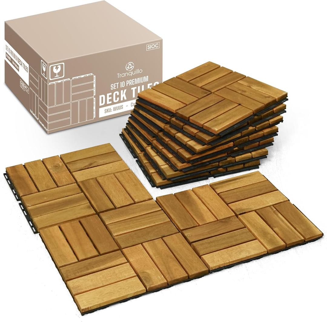 Tranquillo Interlocking Deck Tiles 12”x12”, Acacia Wood Patio Tiles, Waterproof Flooring Tiles for Indoor and Outdoor – NonSlip, Easy Installation, Natural Finish, (10 Pcs  Covers 10 Sq.Ft.)
