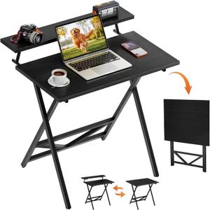 WOHOMO Folding Computer Desk with Adjustable Height, 23.6" x 31.5" x 25.6" Foldable Table with Monitor Stand, Small Office Desk for Bedroom, Space Saving Desk for Home Office, Easy Assemble, Black, 23.62"31.5"