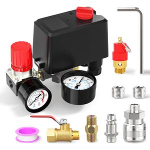 4 Way Air Compressor Pressure Switch Control Valve Kit 120-150 PSI, 110V-240V, With 0-200 Pressure gauge, Air Compressor Regulator and Safety Pressure Relief Valve