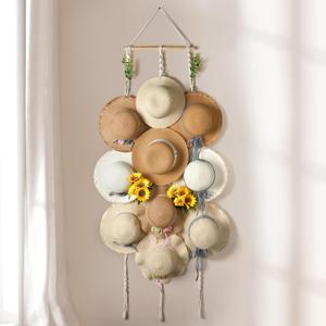 Macrame Hat Hangers for Wall Wide Brimmed Hat Holder Storage 10 Clips Hat Rack Organizer for Wall Display Boho Decor for Fedora Sun Hats Straw Panama Closet Bedroom Gifts for Mom (15x53in, White)