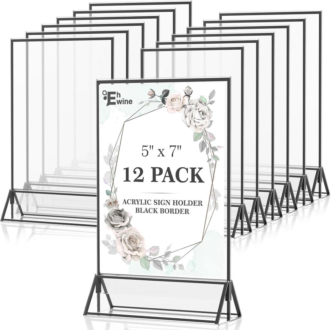EHWINE 12 Pack Acrylic Sign Holder 5 x 7, Double Sided Black Picture Frame Stand up Table Top Sign Holders, Clear Display Stand Menu Flyer Holder for Wedding Party (Provide Non-slip Mats)
